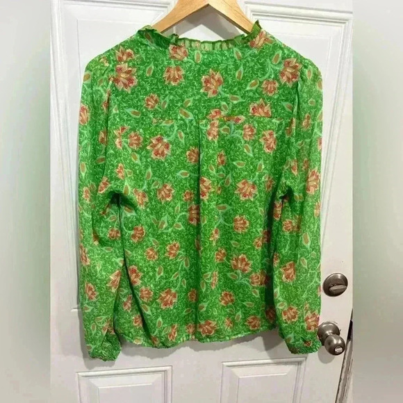 Joie green flowy blouse flower detail lined size medium sheer puff sleeve shirt - Picture 4 of 7